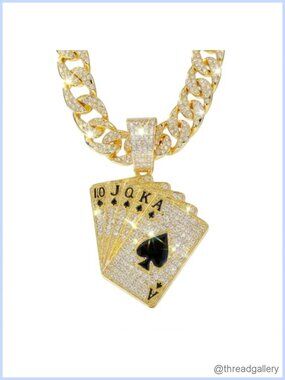 Iced Out Cuban Link Chain Royal Flush Pendant Necklace Gold Plated CZ Hip Hop